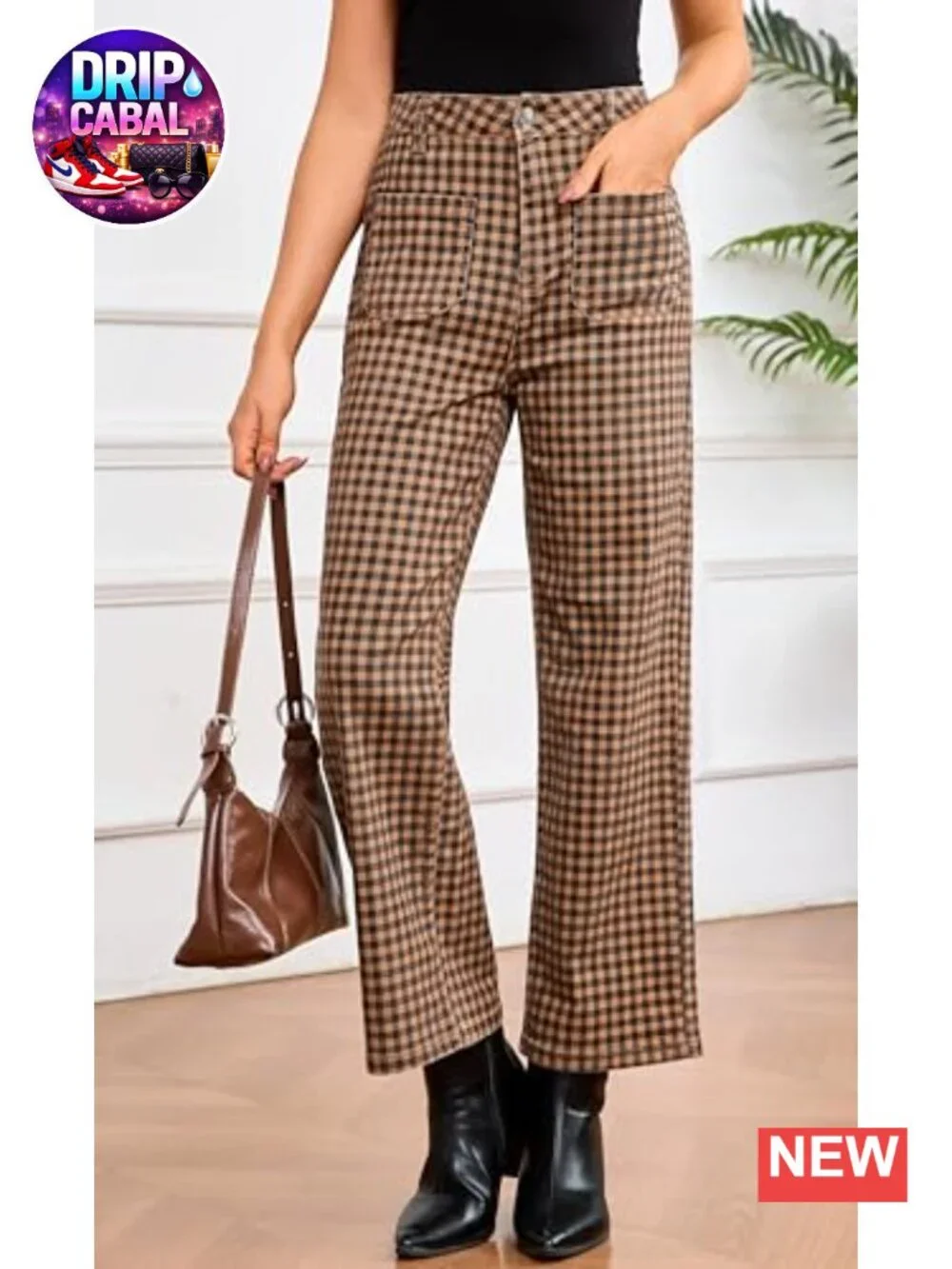 Women's High Waist Wide Leg Plaid Pants Cropped Straight Leg with Pockets